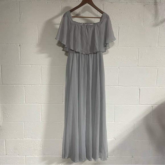JJ House Silver A-line Off The Shoulder Chiffon Dress With Front Split Sz 2 - Picture 5 of 5